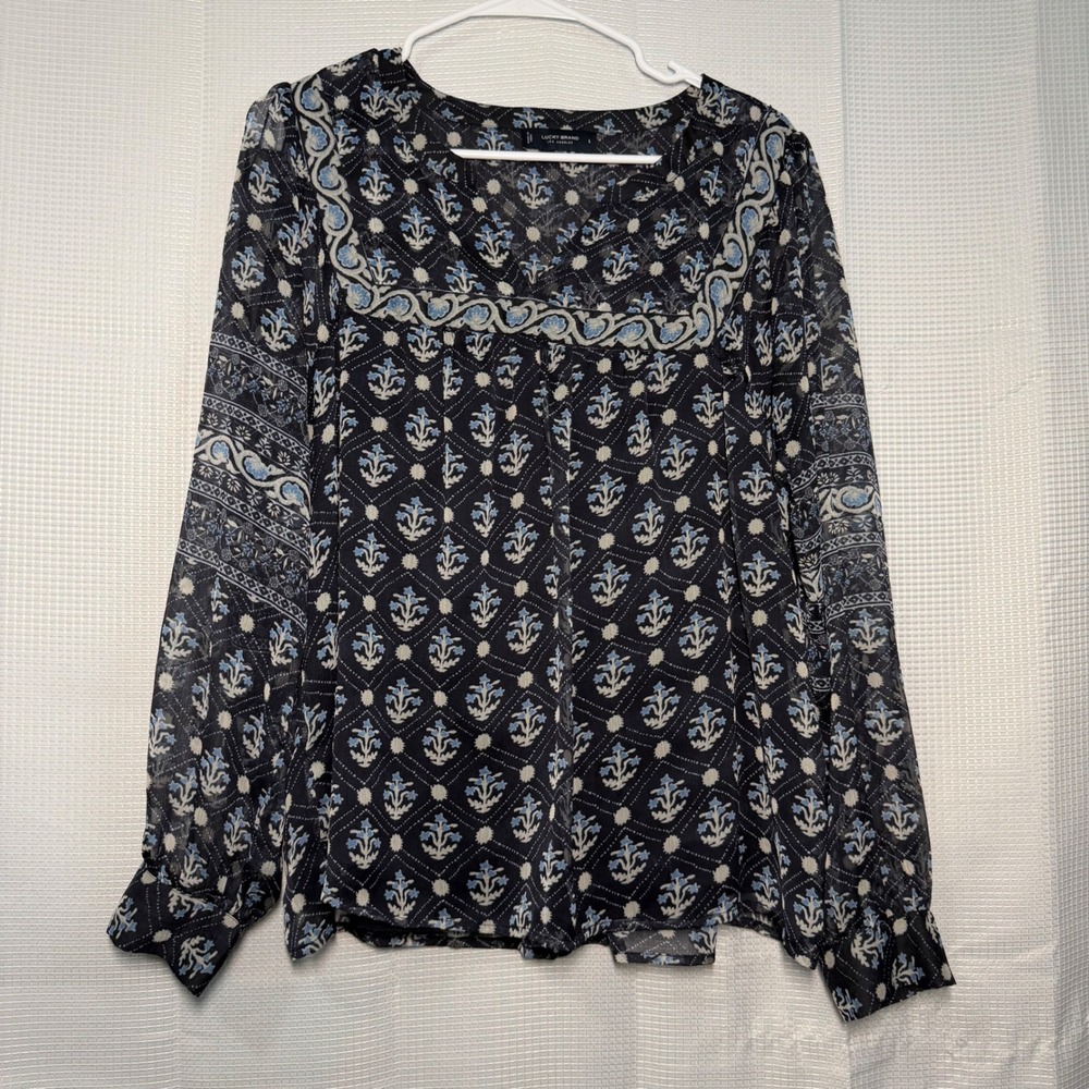 Lucky Brand Floral Print Blouse Large Navy Blue Sheer Long Sleeve V-Neck Top